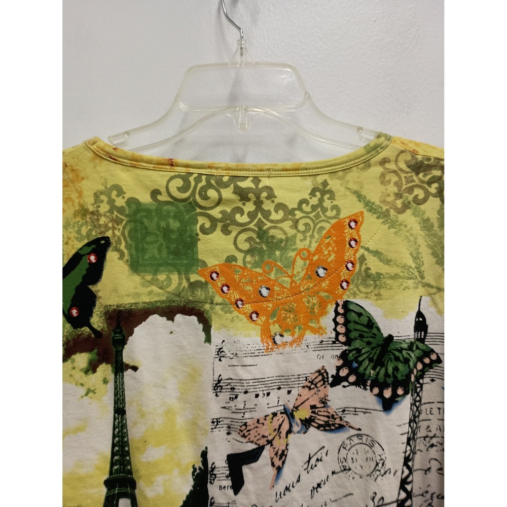 French Postcards Wearable Art Top Womens S Yellow Paris Eiffel Tower Sequin - Picture 9 of 11